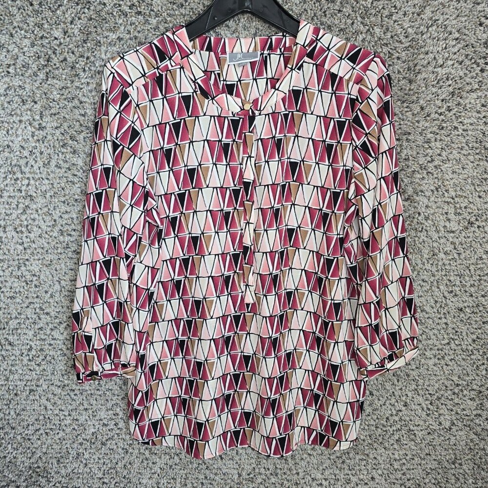 JM Collection Top Womens Medium Pink Geometric Print Button Blouse Semi Sheer